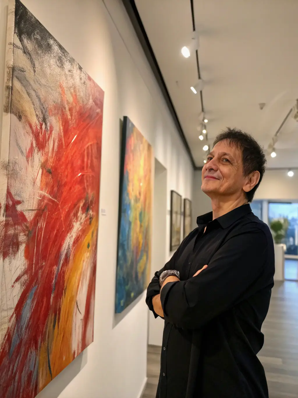 A photograph showcasing a local artist exhibiting their work at an art exhibition hosted by LES CAUSSINADES, promoting local talent and artistic expression.