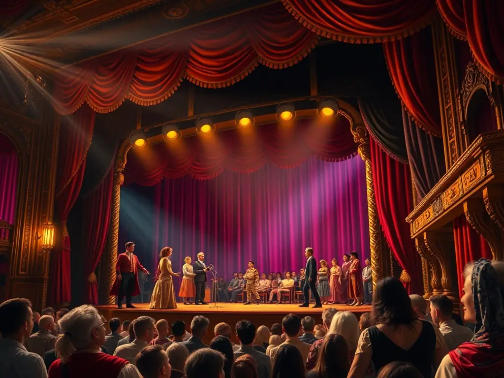 A vibrant stage scene with actors performing a play, showcasing the theatrical program offered by LES CAUSSINADES.